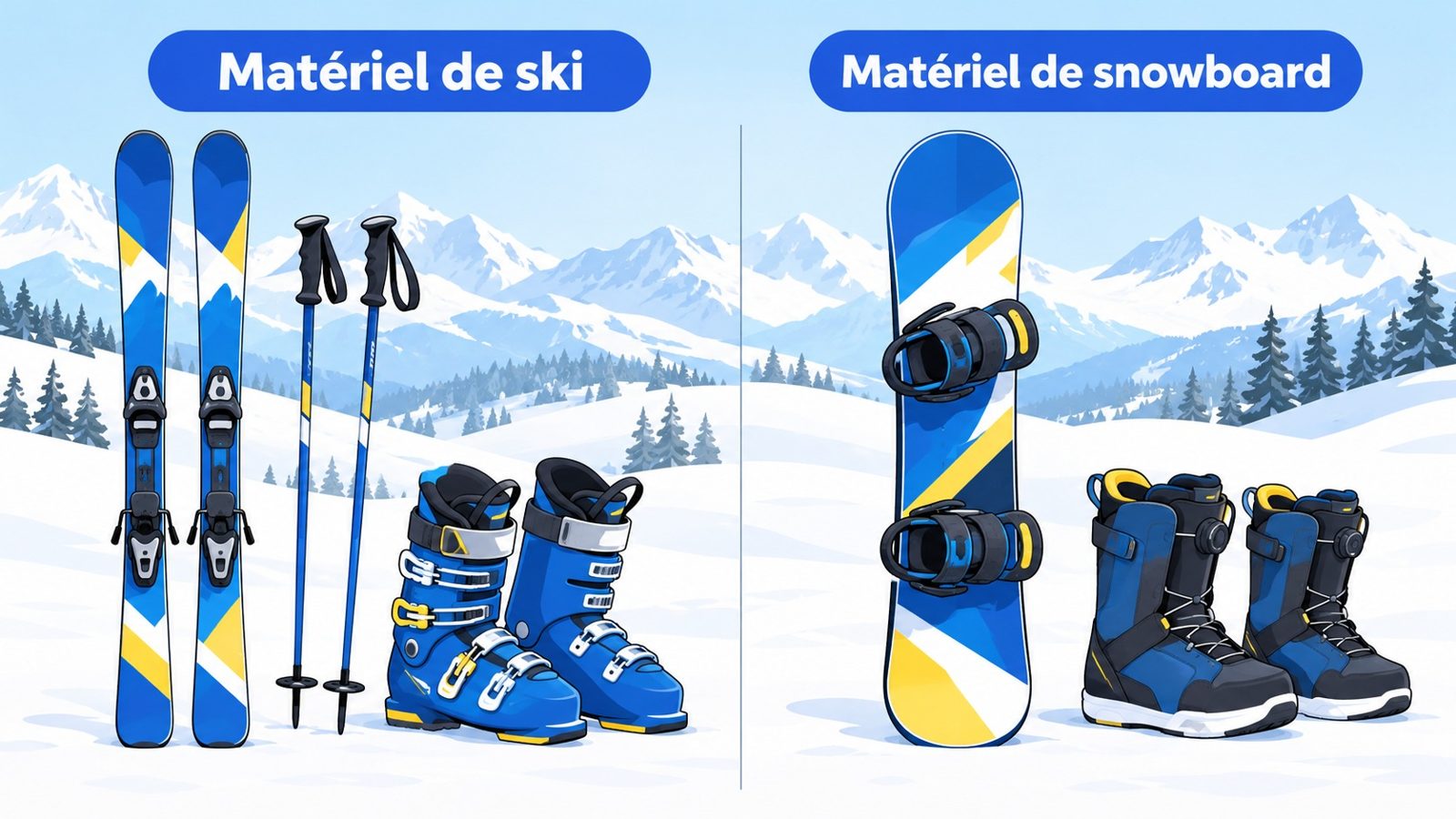 Comparaison d'une paire de skis avec des bâtons et des chaussures rigides et d'un snowboard avec des fixations et des boots