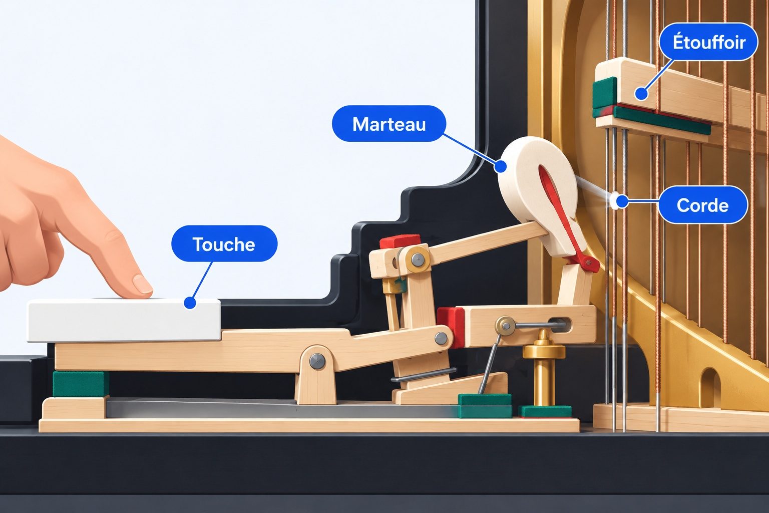 Mécanisme du piano : touche, marteau, corde et étouffoir