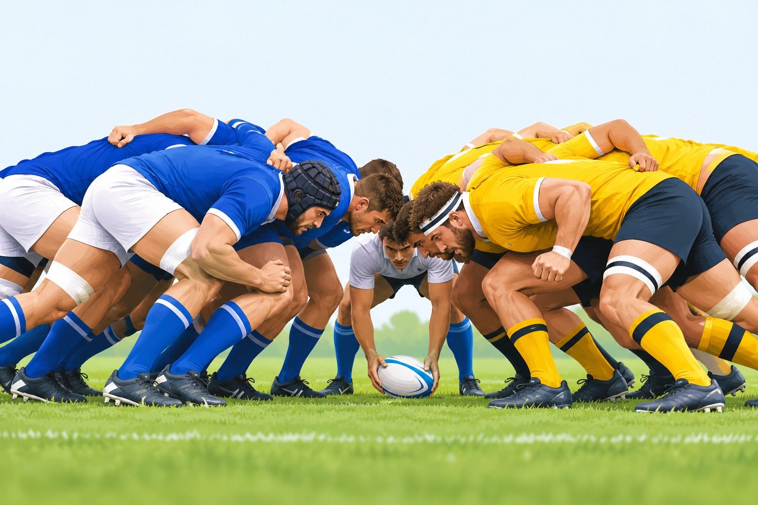 Mêlée de rugby entre des avants en maillots bleus et en maillots jaunes, ballon introduit au centre