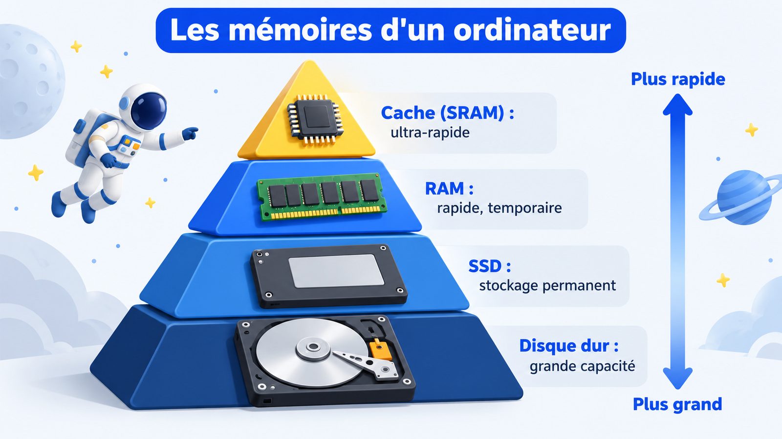 Pyramide des mémoires d'un ordinateur : cache, RAM, SSD et disque dur