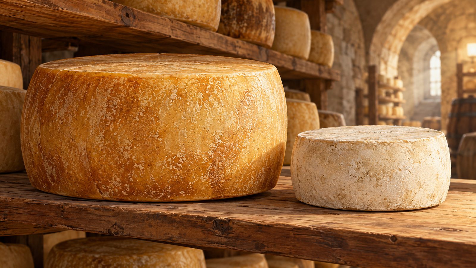 Meule de parmesan à la croûte dorée et meule de pecorino à la croûte plus claire posées sur une étagère en bois dans une cave d'affinage