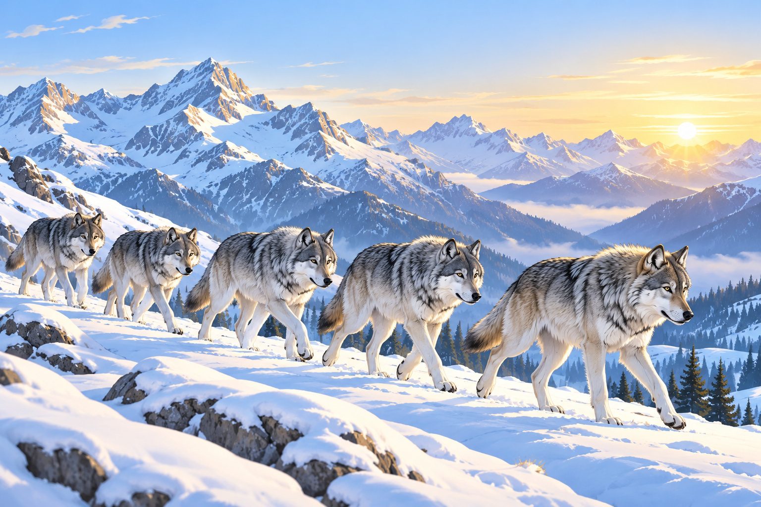 Meute de loups gris marchant dans la neige en montagne