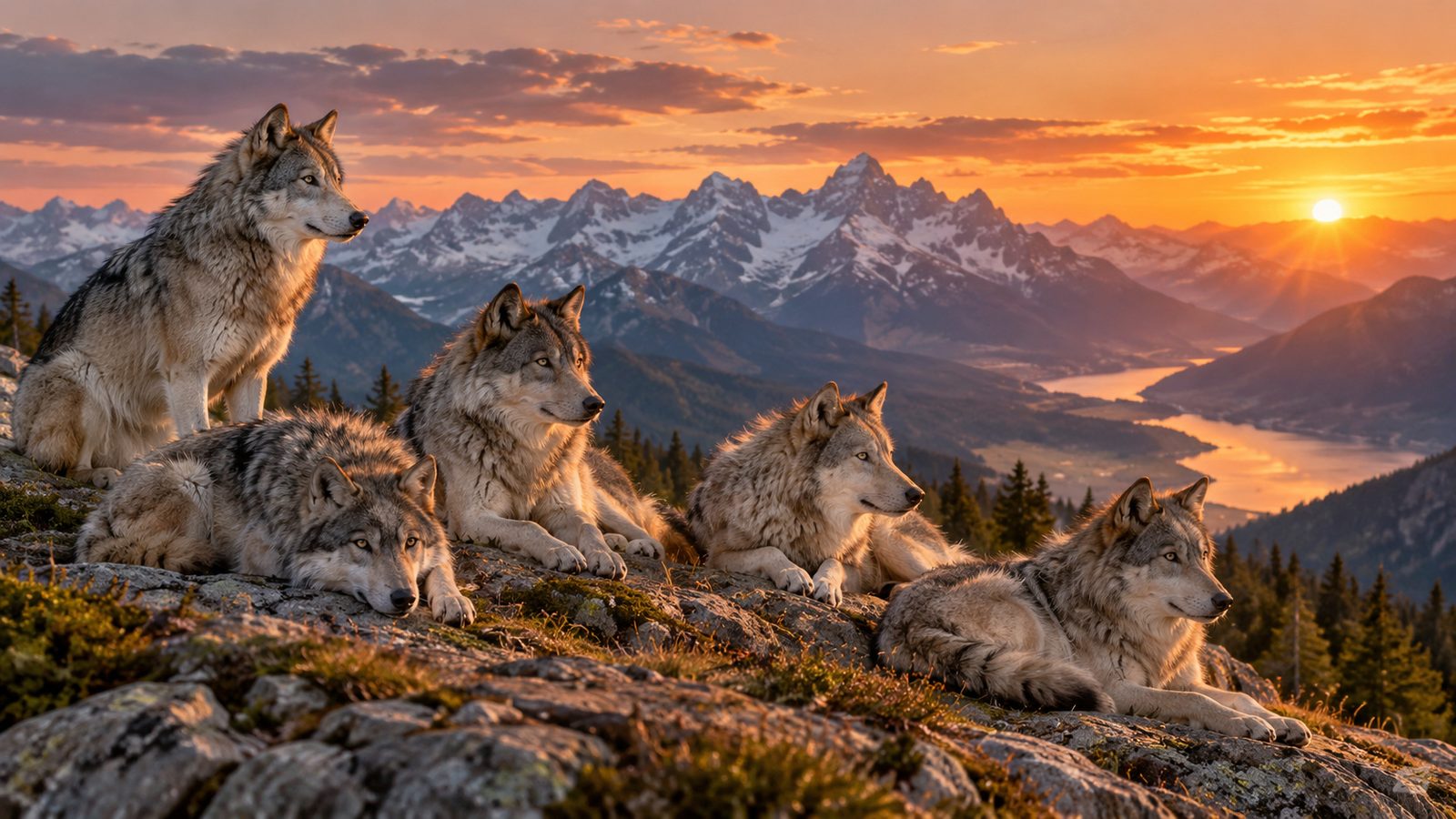 Meute de loups gris sur une crête rocheuse au coucher du soleil