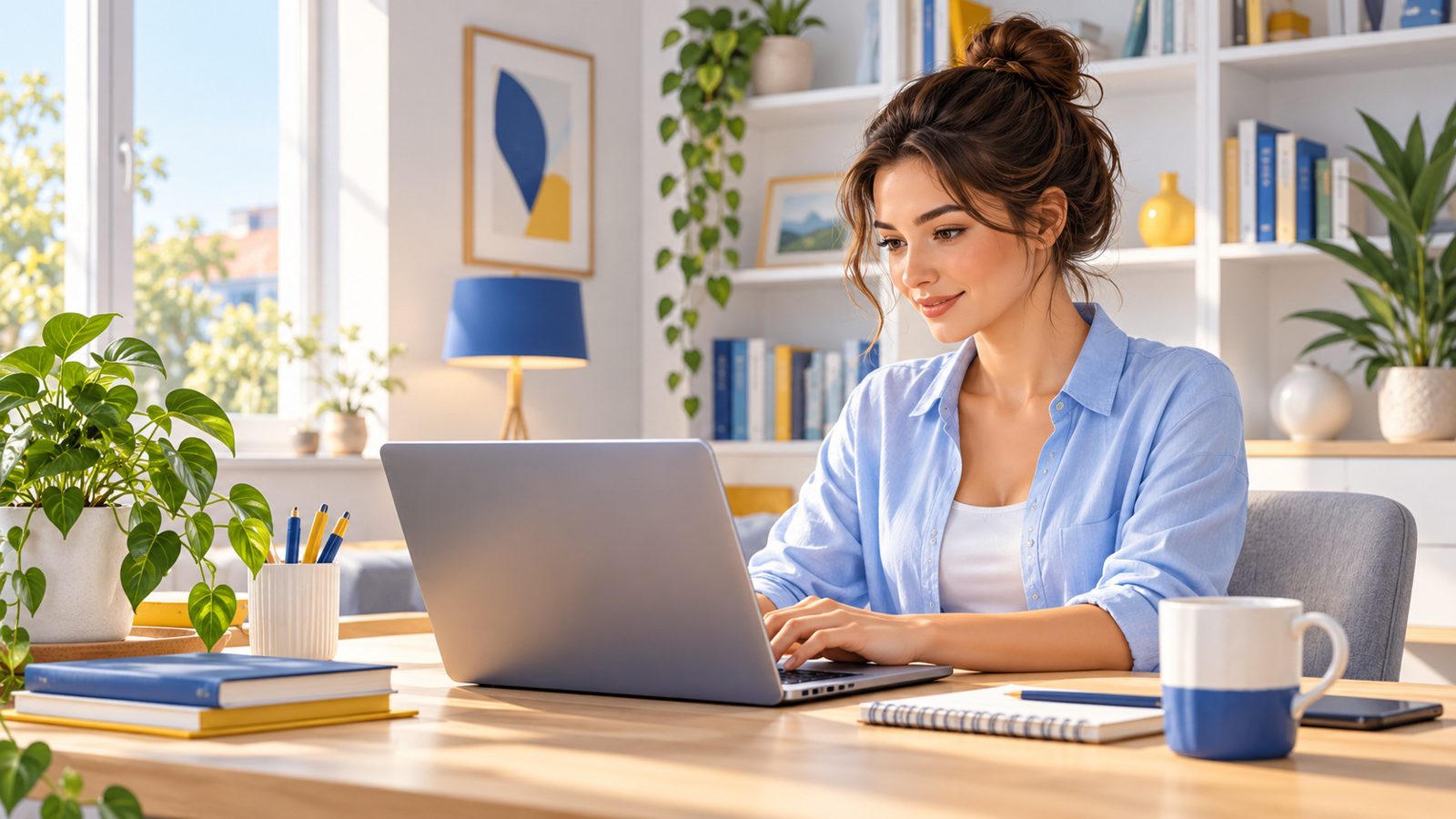 Une micro-entrepreneuse travaillant sur son ordinateur portable dans un bureau à domicile lumineux