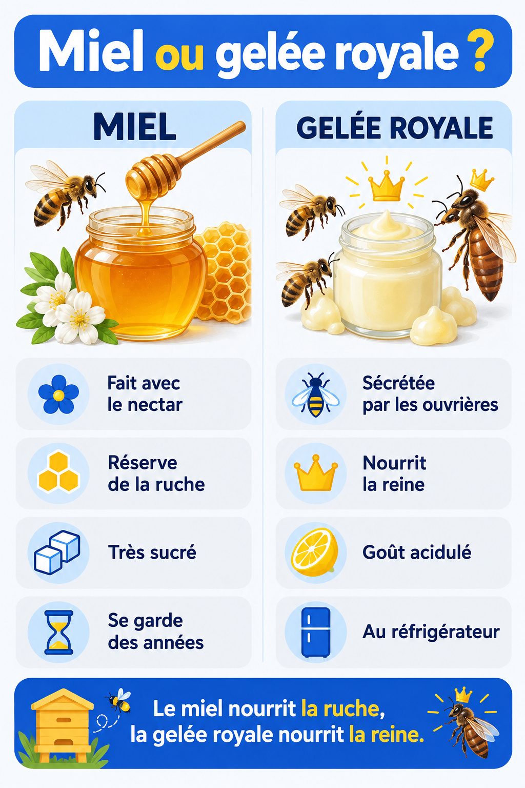 Différence entre miel et gelée royale : infographie comparative