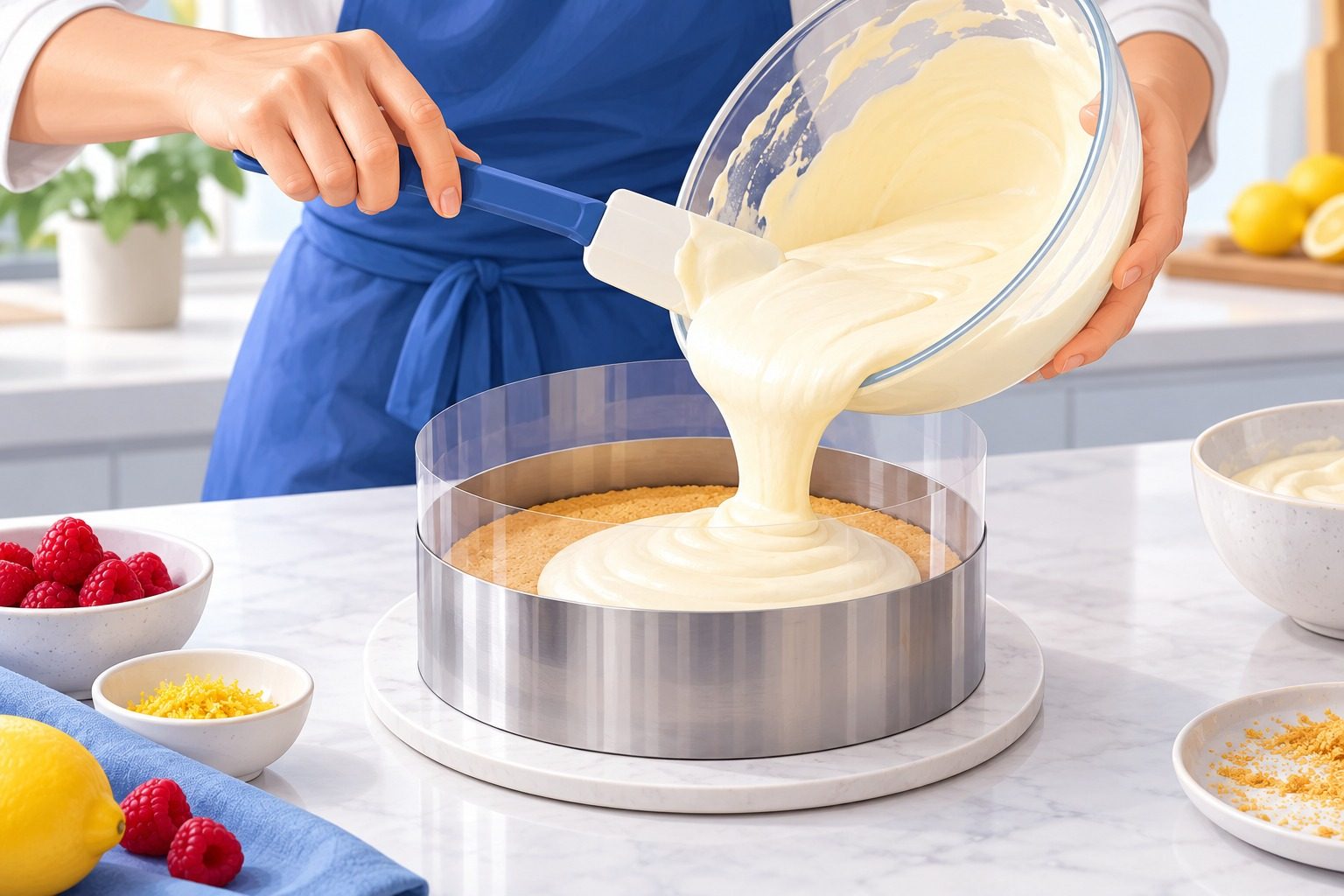 Mains qui montent un entremets dans un cercle en inox avec une bande de rhodoïd, en versant une mousse sur un biscuit, sur un plan de travail lumineux