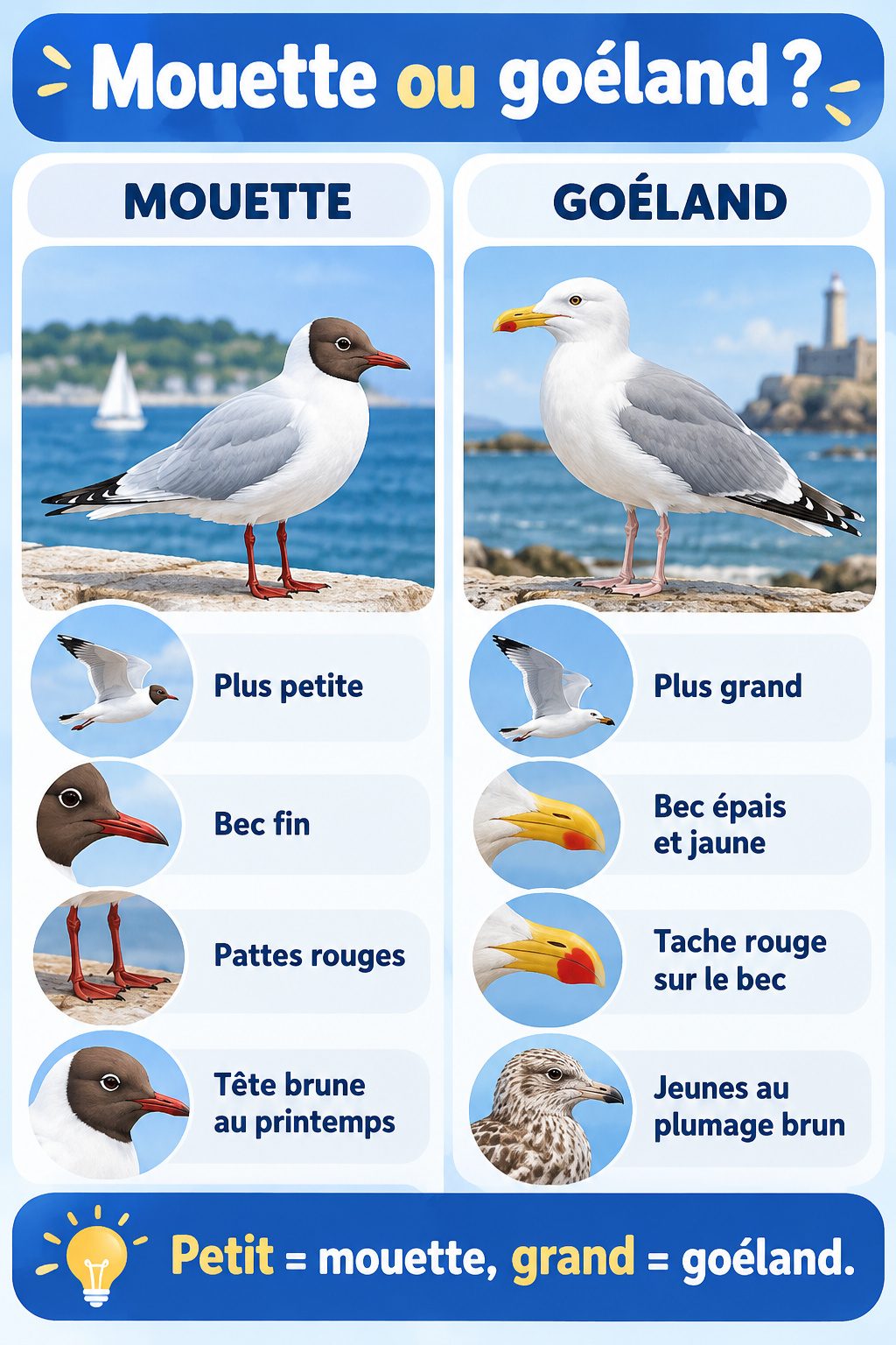 Différence entre mouette et goéland : infographie comparative