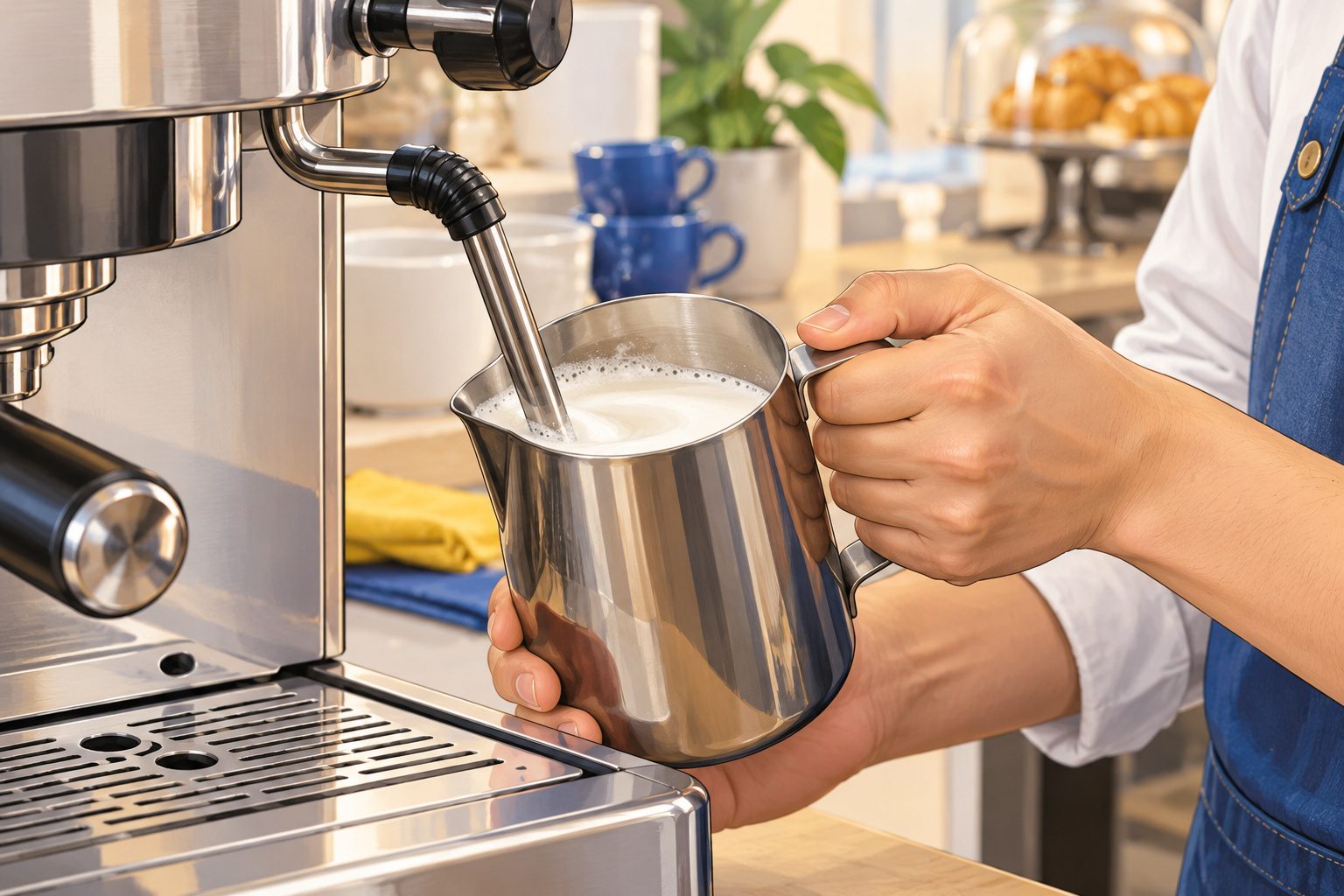 Pichet en inox sous la buse vapeur d'une machine à expresso, avec un barista qui fait mousser le lait