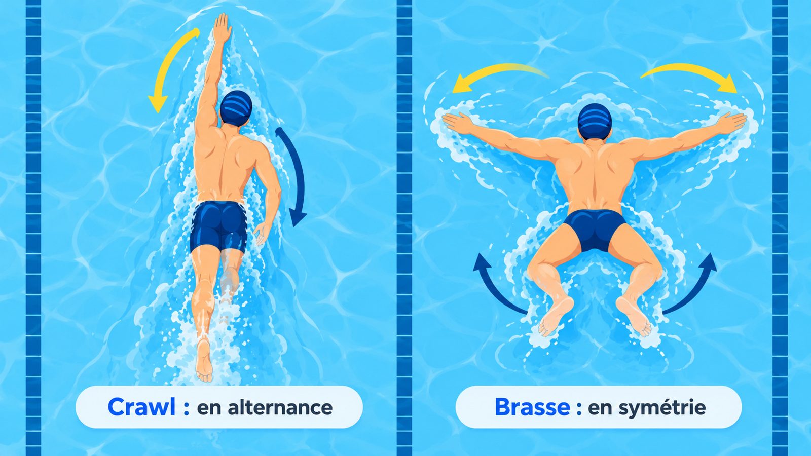 Schéma comparant les mouvements de bras et de jambes du crawl et de la brasse