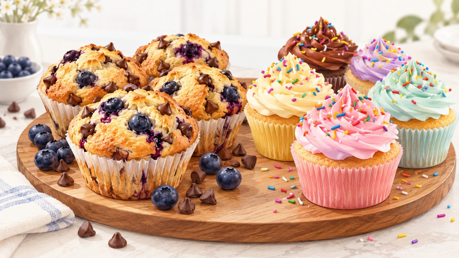 Plateau avec des muffins bombés aux myrtilles et aux pépites de chocolat d'un côté et des cupcakes surmontés de crème colorée et de vermicelles de l'autre