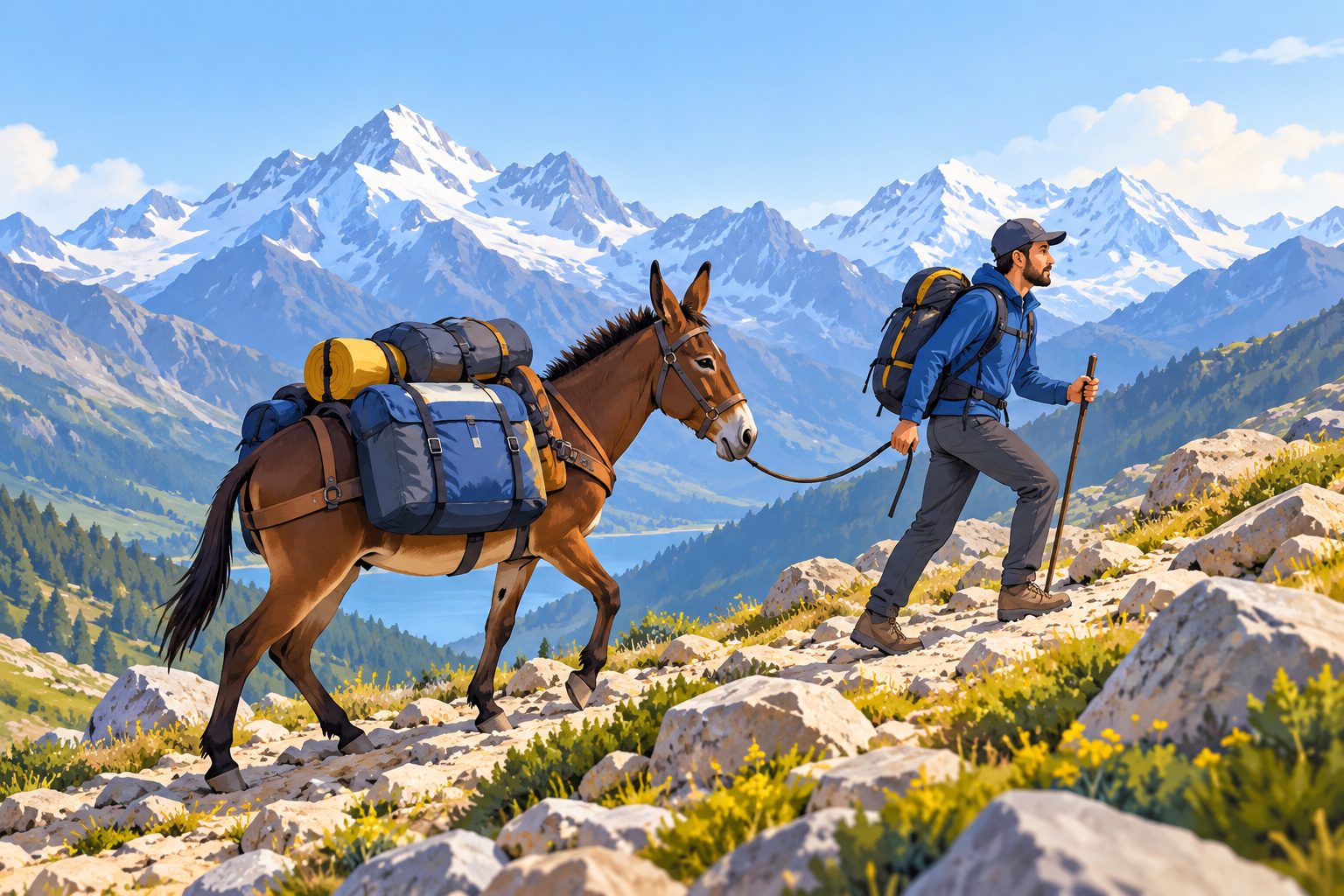 Mulet chargé de sacoches avançant sur un sentier de montagne rocheux, guidé par un randonneur