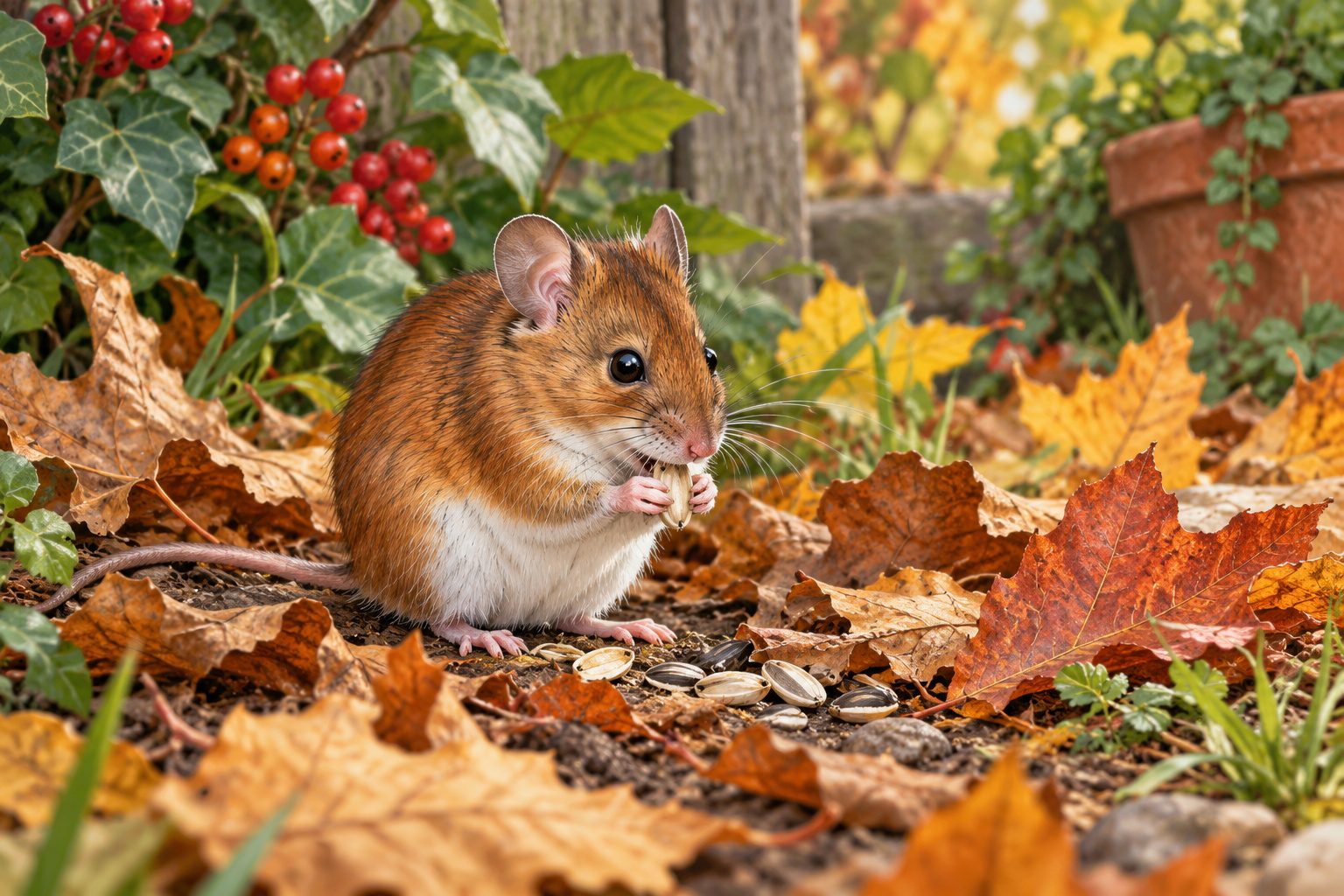 Mulot au dos roux et au ventre blanc assis entre des feuilles mortes, grignotant une graine dans un jardin en automne