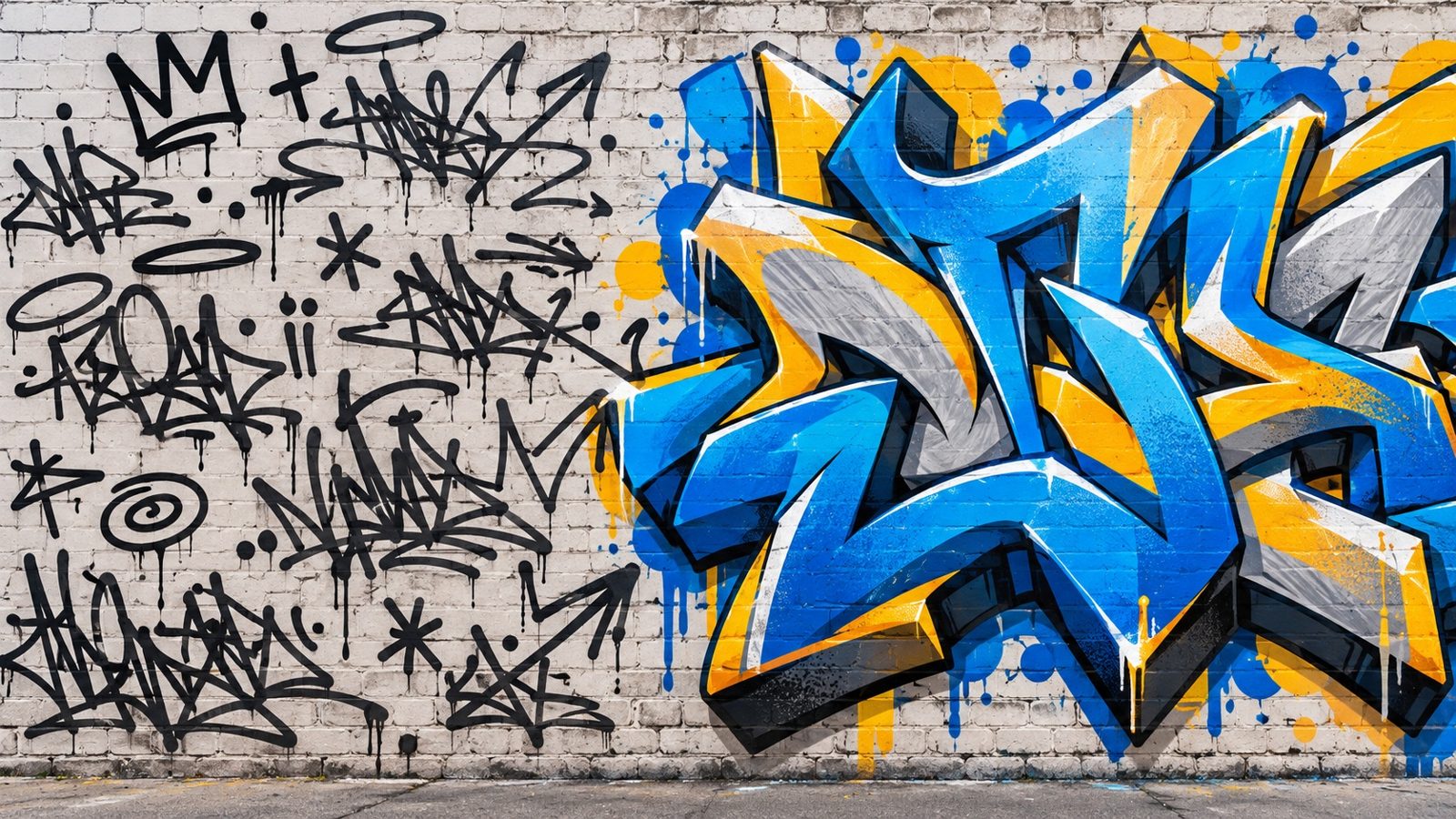 Mur de briques divisé en deux : à gauche quelques tags noirs rapides au marqueur, à droite un grand graff aux lettres colorées en relief avec des ombres