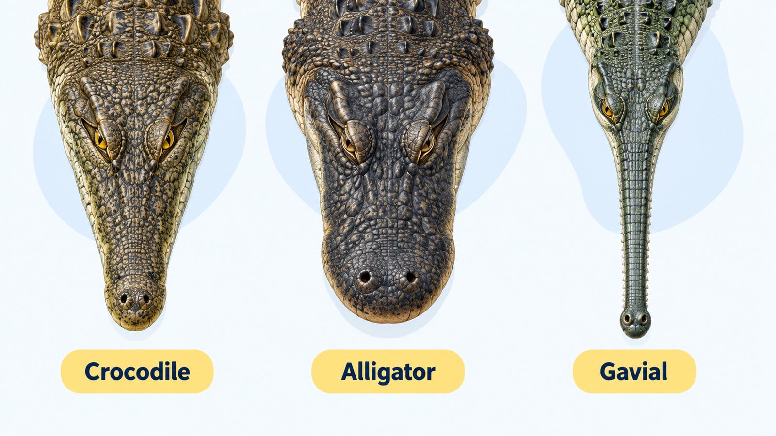 Comparaison vue de dessus des têtes de crocodile, d'alligator et de gavial