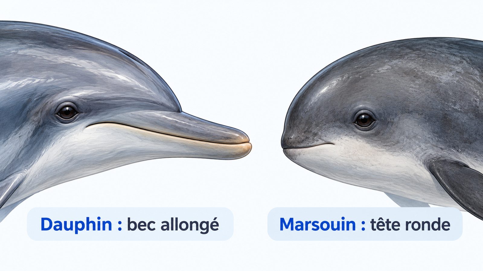 Comparaison de la tête d'un dauphin avec un bec allongé et de la tête arrondie d'un marsouin sans bec
