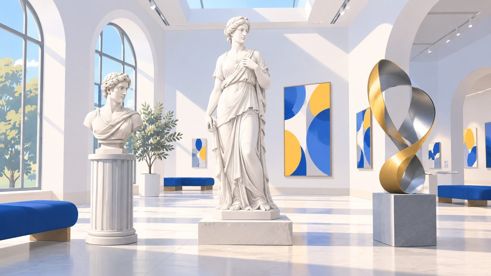 Salle de musée lumineuse avec une statue en marbre d'une figure en pied sur un socle au centre, un buste sur une colonne et une sculpture abstraite en métal à côté