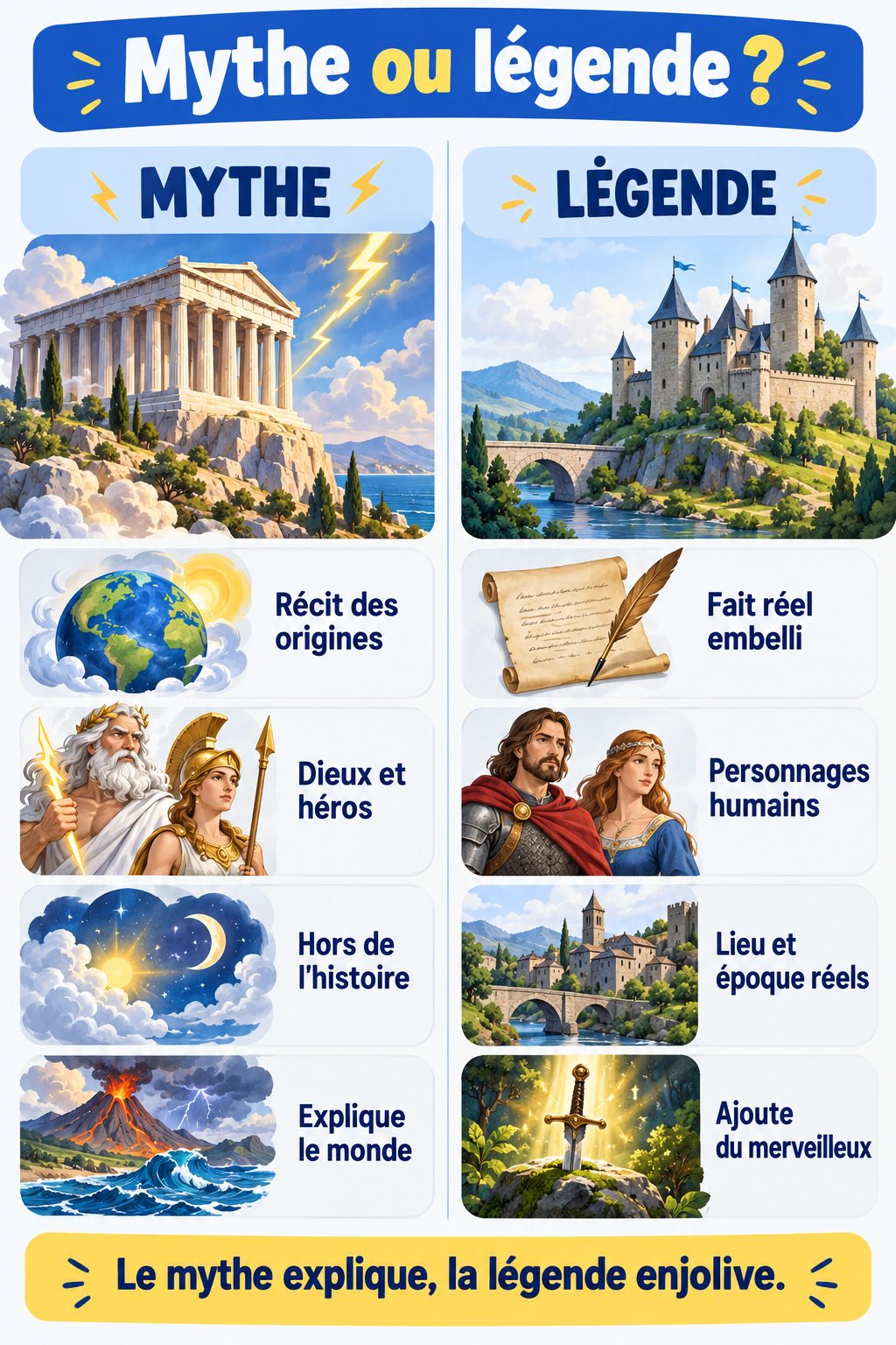 Différence entre mythe et légende : infographie comparative