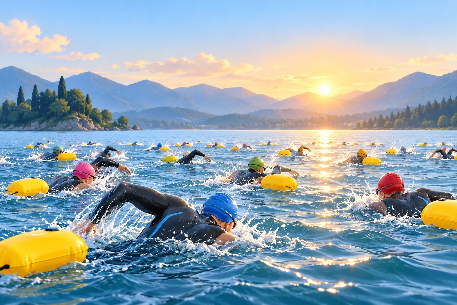 Départ de natation en eau libre d'un triathlon, avec des nageurs en bonnet de couleur dans un lac au lever du soleil