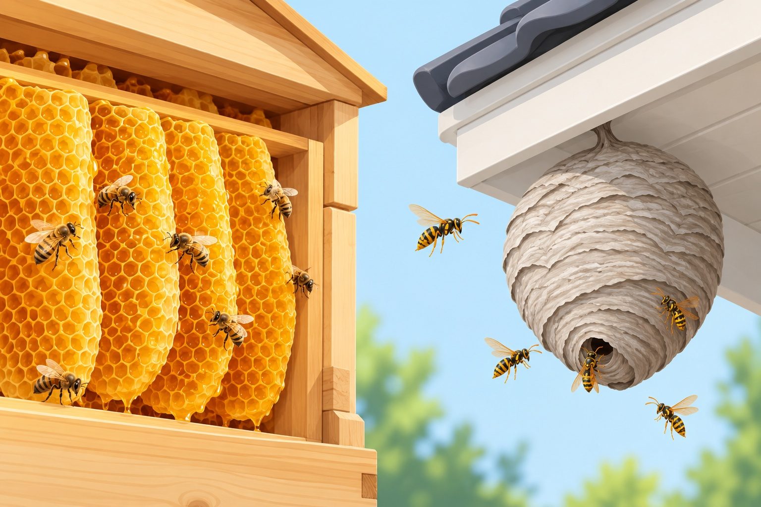 Rayons de cire d'une ruche d'abeilles et nid de guêpes en papier