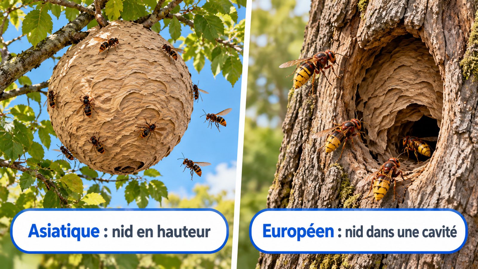 Comparaison d'un gros nid sphérique de frelon asiatique dans un arbre et d'un nid de frelon européen dans un tronc creux