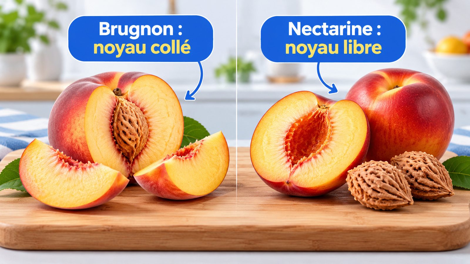 Un brugnon coupé avec le noyau collé à la chair et une nectarine ouverte dont le noyau se détache