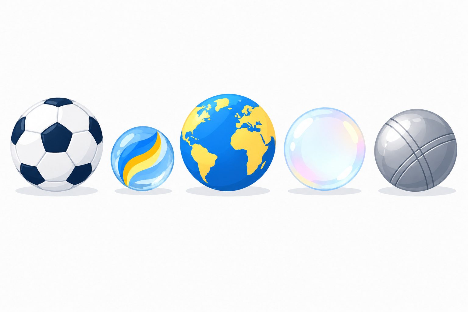 Objets sphériques du quotidien : ballon, bille, globe terrestre, bulle de savon