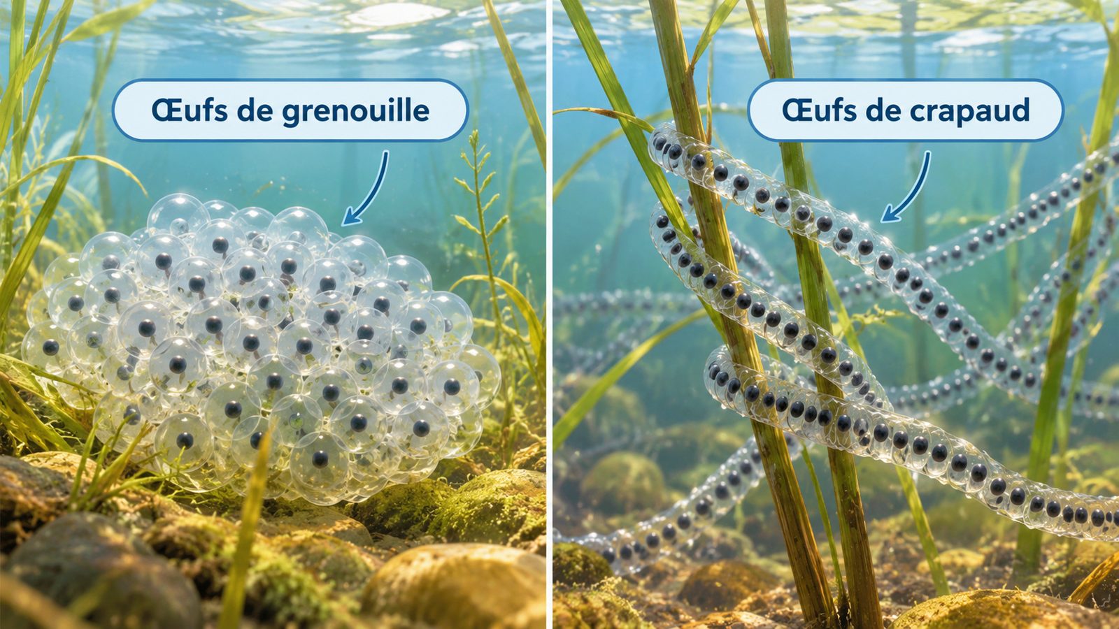 Comparaison des œufs de grenouille en amas et des œufs de crapaud en cordons dans l'eau