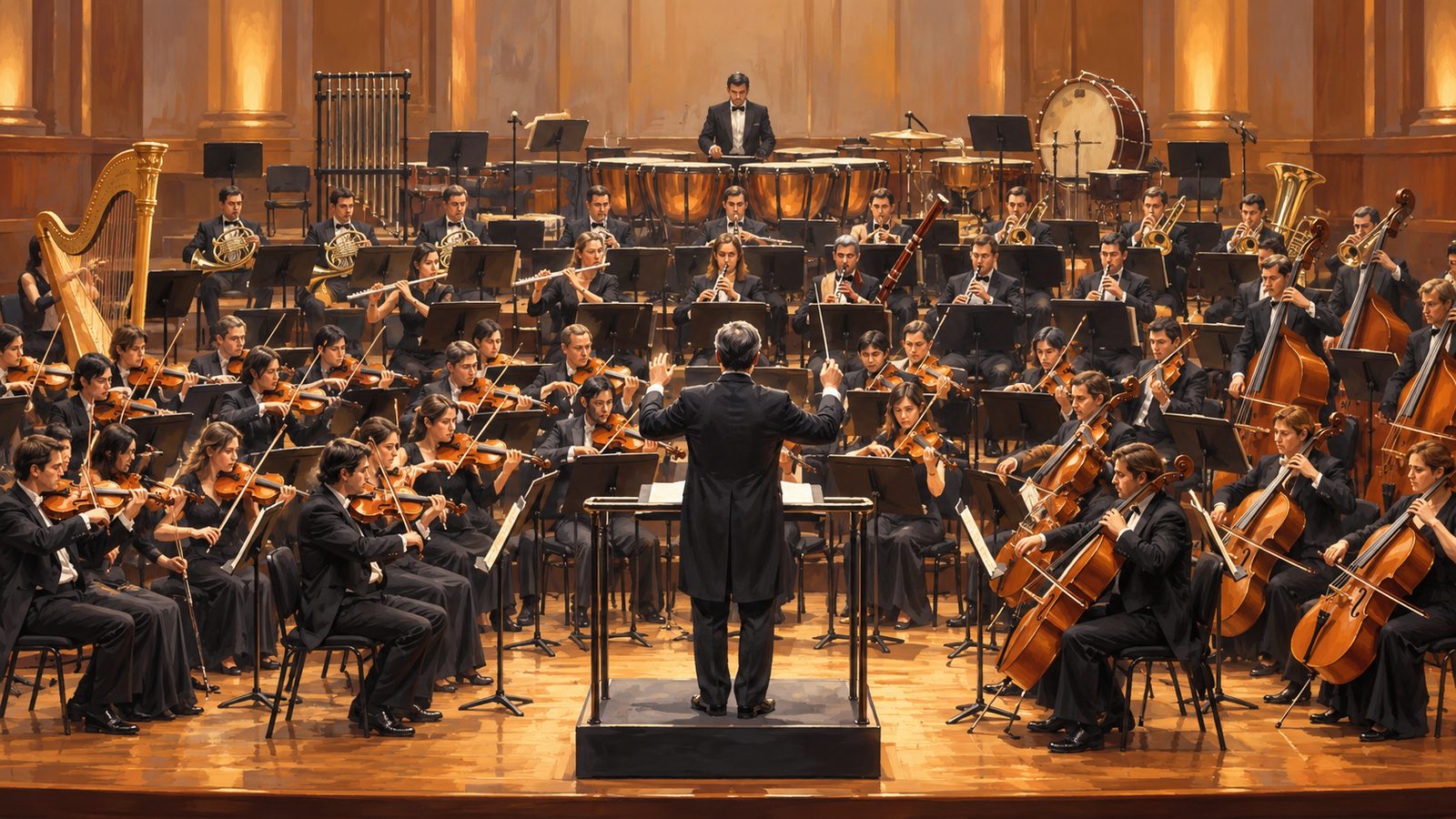 Grand orchestre symphonique sur scène avec ses cordes, ses vents et ses percussions, dirigé par un chef d'orchestre