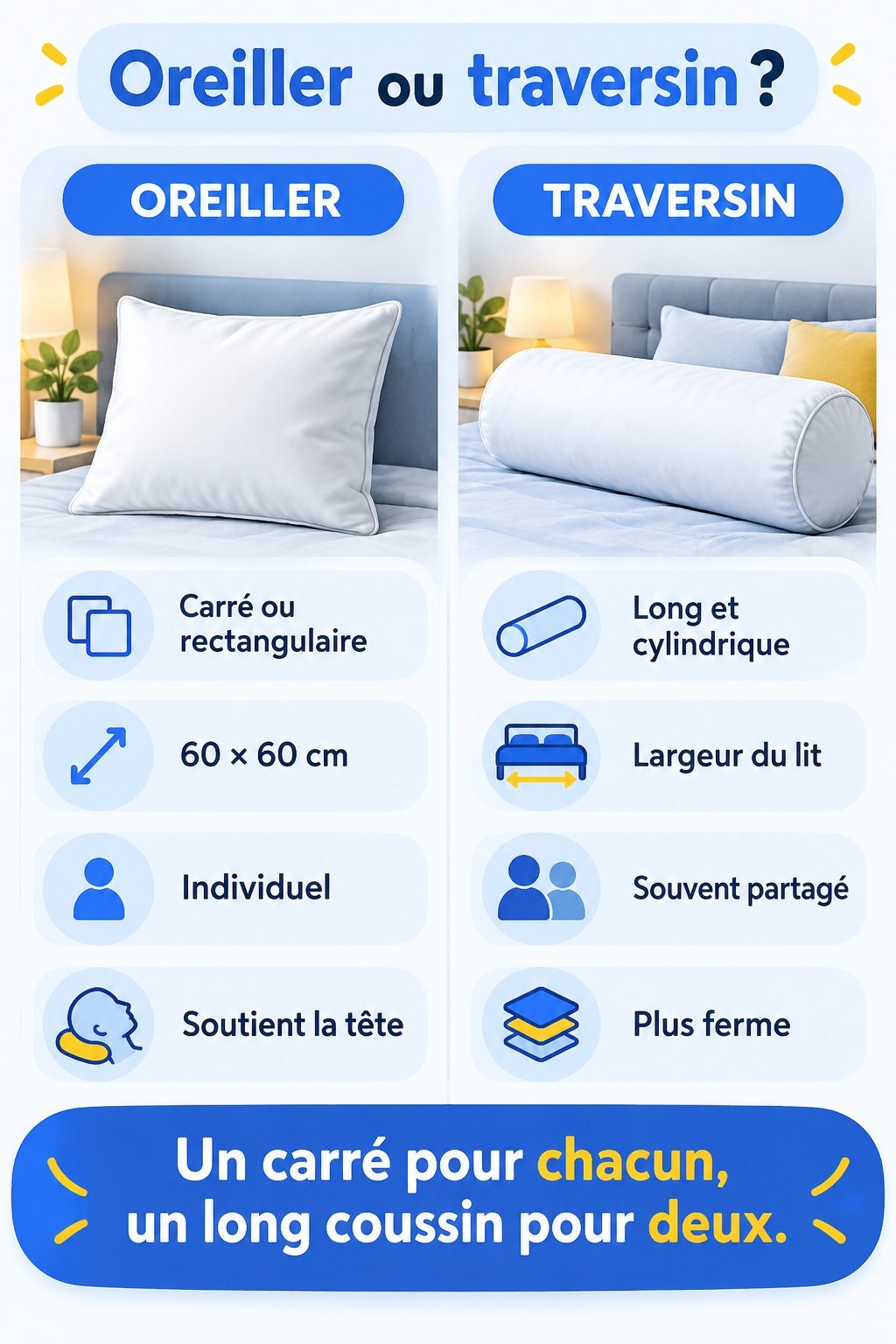 Différence entre oreiller et traversin : infographie comparative