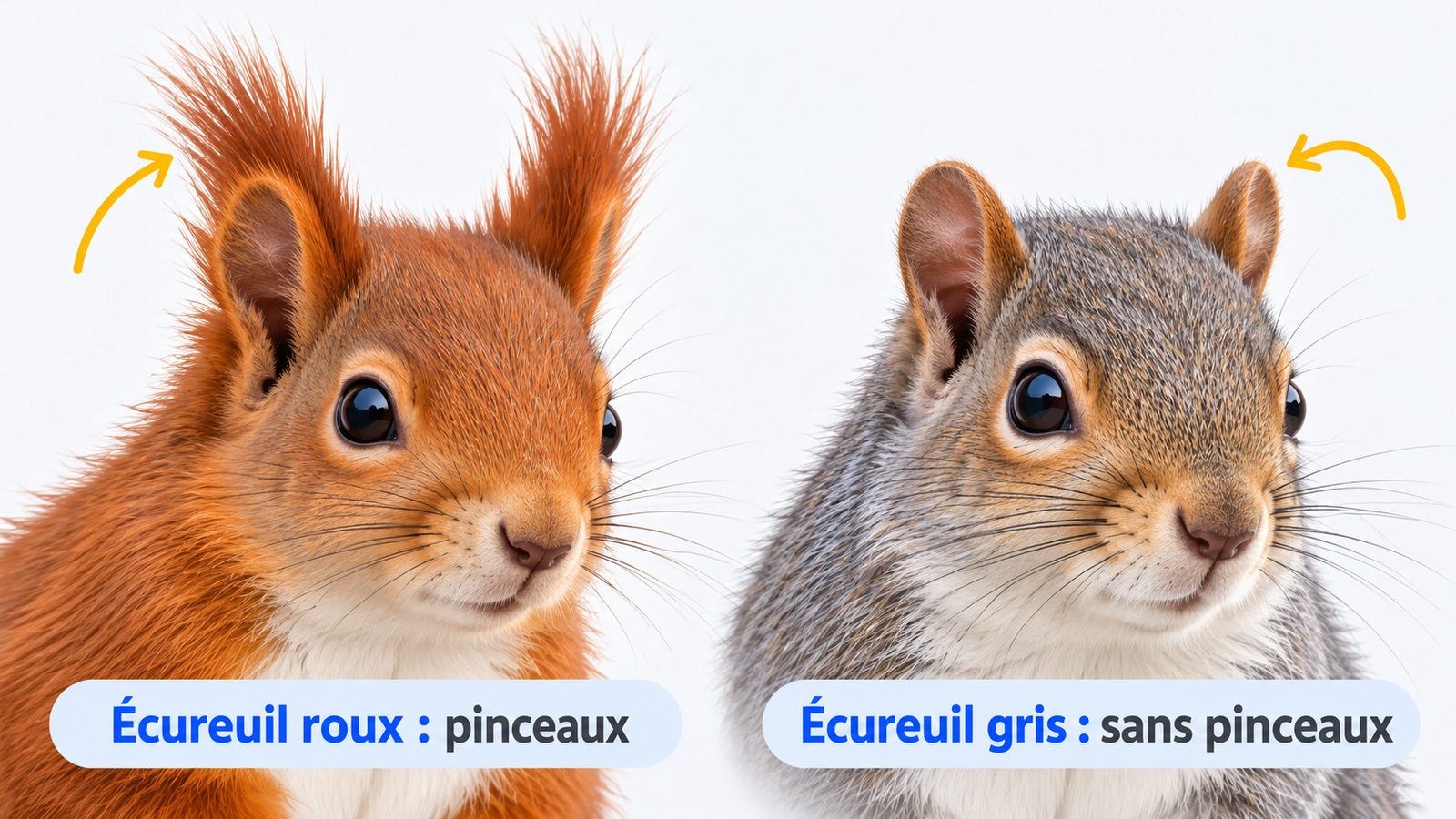 Comparaison de la tête d'un écureuil roux aux oreilles surmontées de pinceaux de poils et de la tête d'un écureuil gris aux oreilles arrondies
