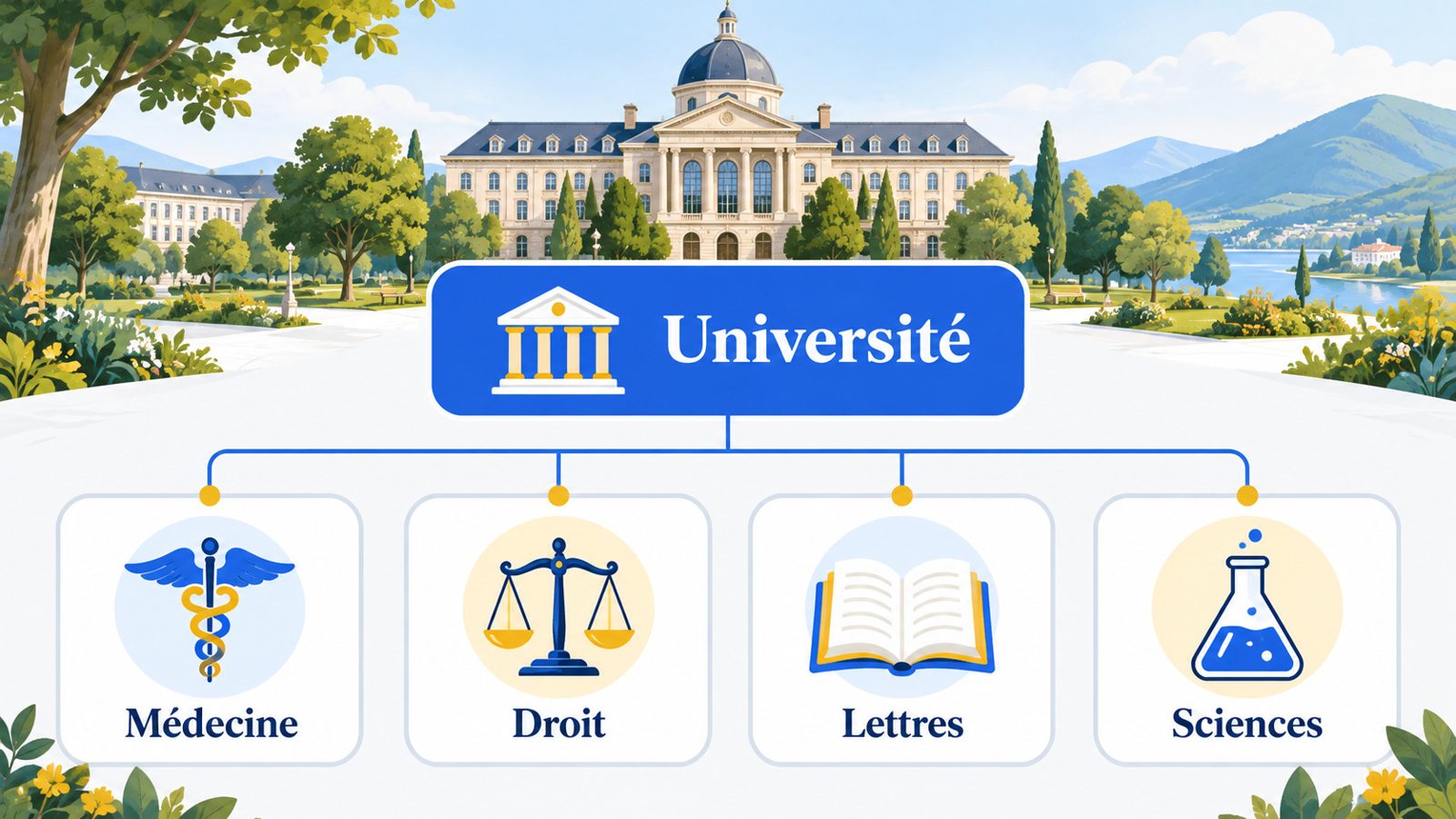 Schéma d'une université qui regroupe plusieurs facultés : médecine, droit, lettres, sciences