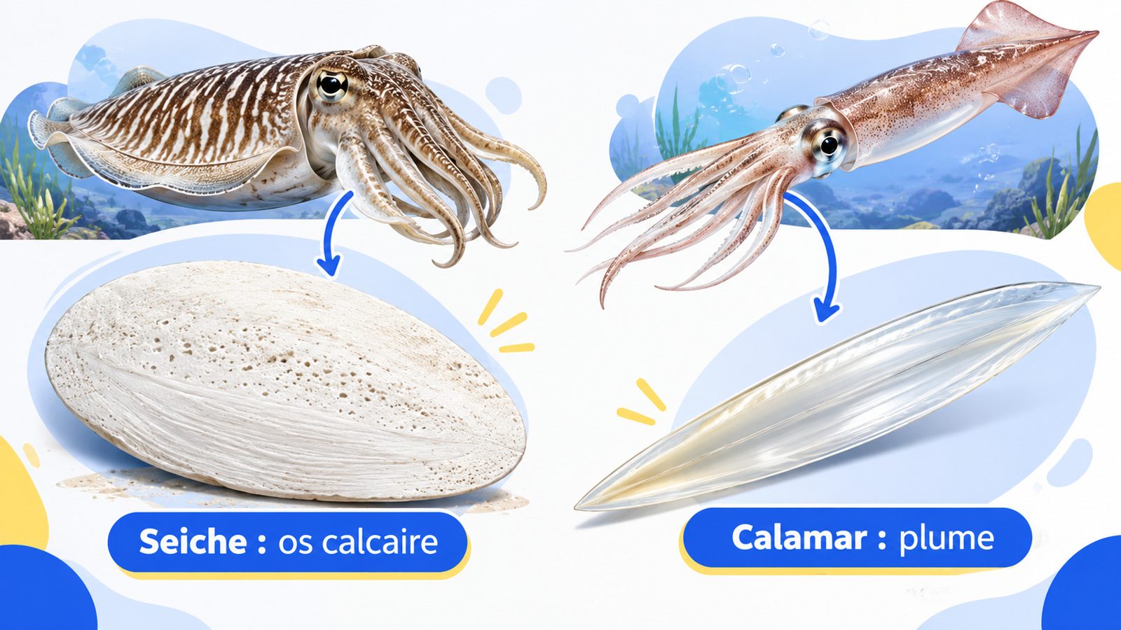 Comparaison d'un os de seiche blanc et ovale et d'une plume de calamar fine et transparente
