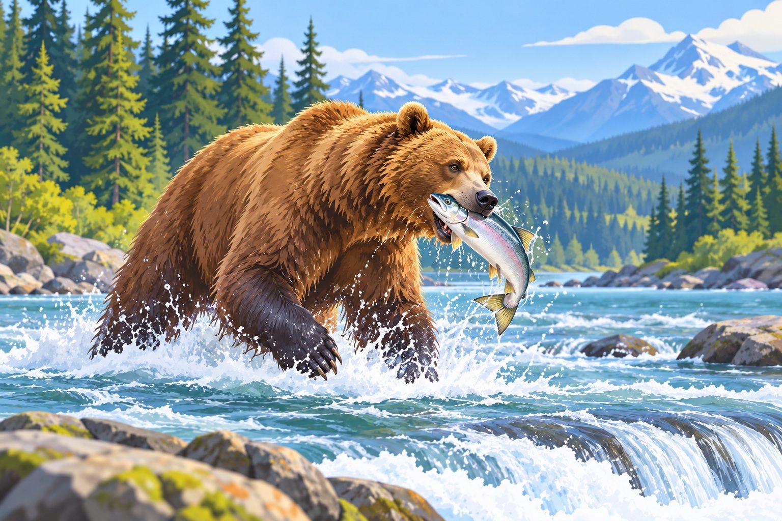 Ours brun debout dans une rivière d'Alaska attrapant un saumon qui saute hors de l'eau