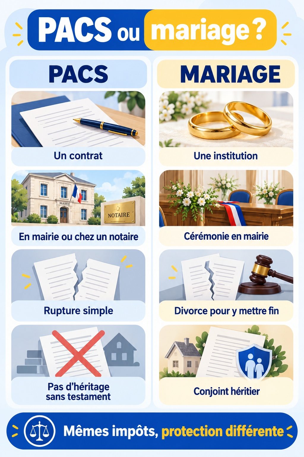 Différence entre PACS et mariage : infographie comparative