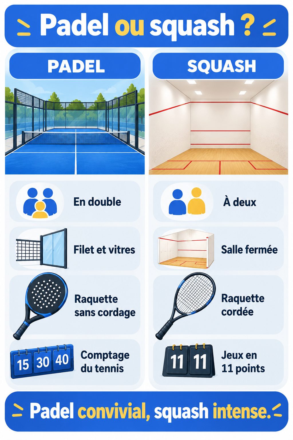 Différence entre padel et squash : infographie comparative