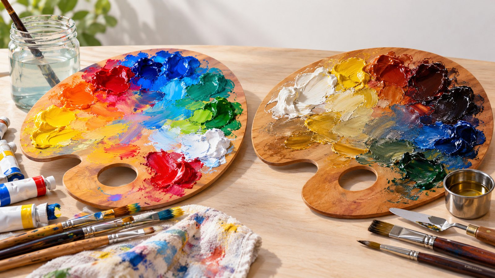 Deux palettes de peintre côte à côte, l'une avec des couleurs acryliques vives et un pot d'eau, l'autre avec des couleurs à l'huile brillantes et un godet d'huile