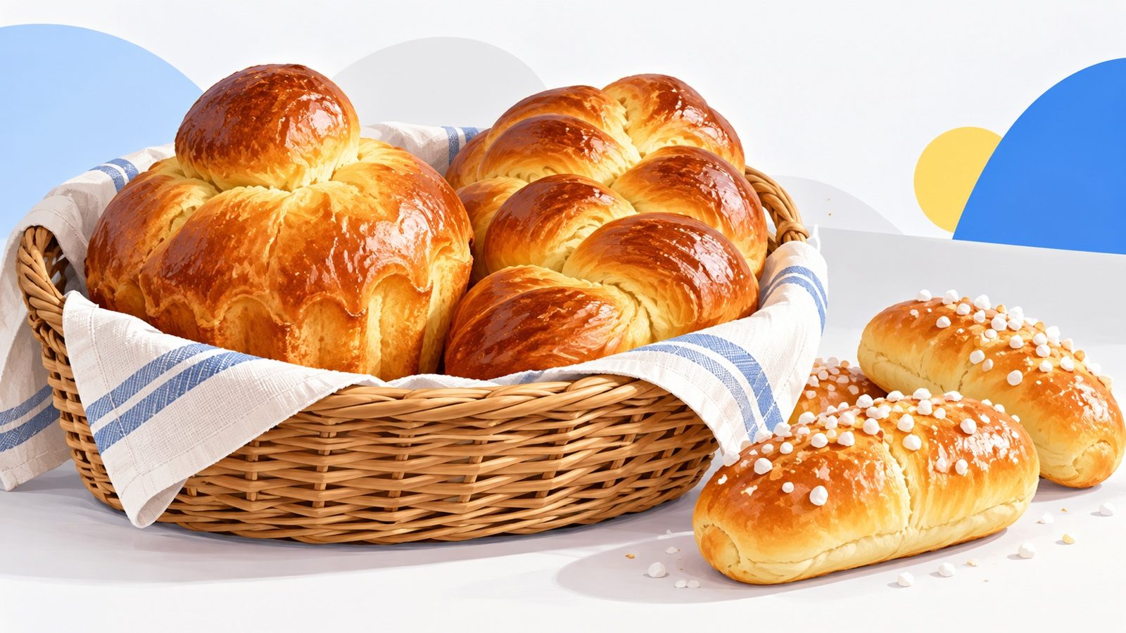 Panier en osier rempli de brioches tressées dorées, à côté de petits pains au lait allongés saupoudrés de sucre perlé