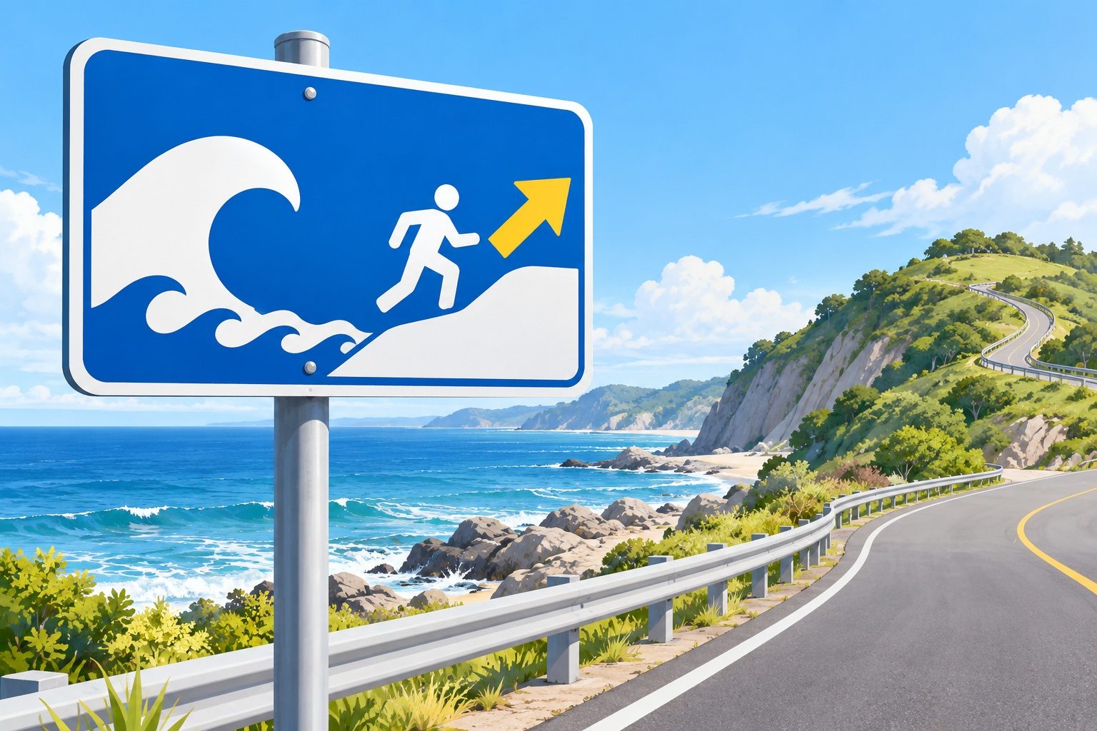 Panneau d'évacuation tsunami avec une flèche vers les hauteurs, sur une côte avec une colline en arrière-plan