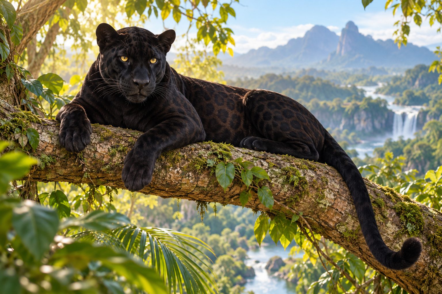 Panthère noire allongée sur une branche dans une forêt tropicale, avec des rosettes à peine visibles