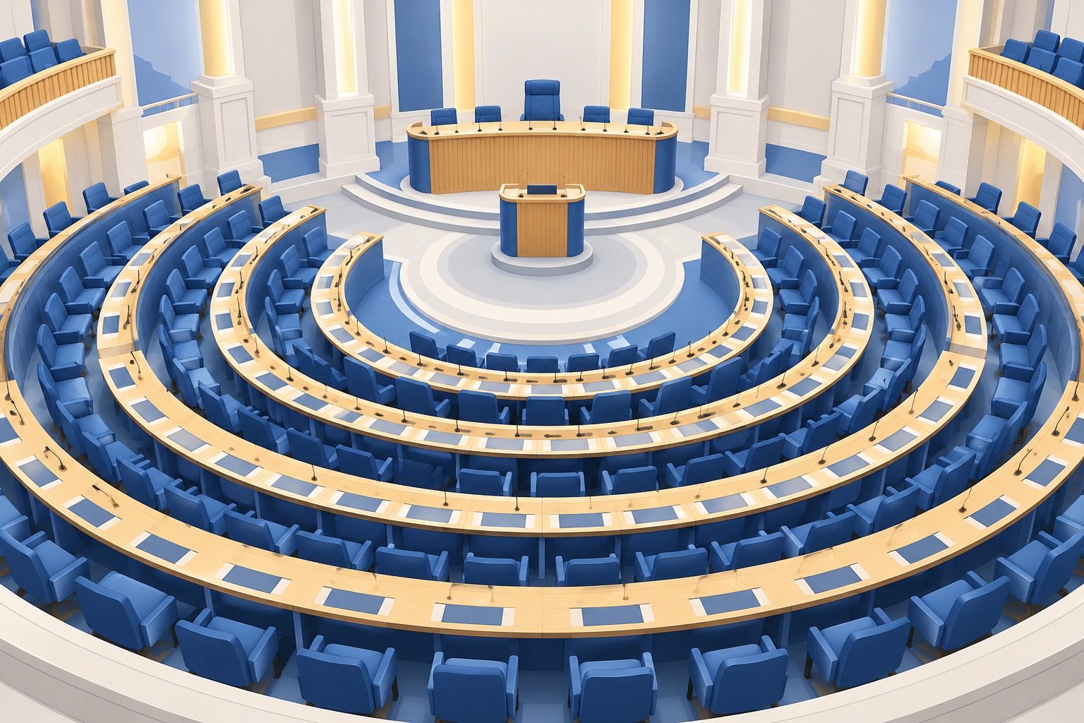 Hémicycle d'un parlement avec ses rangées de sièges en arc de cercle face à la tribune