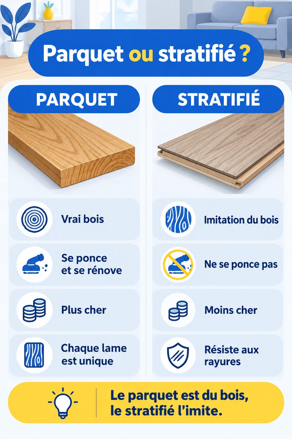 Différence entre parquet et stratifié : infographie comparative