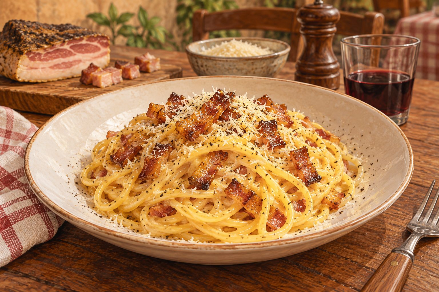 Assiette de spaghettis à la carbonara avec du pecorino râpé, du guanciale et du poivre noir