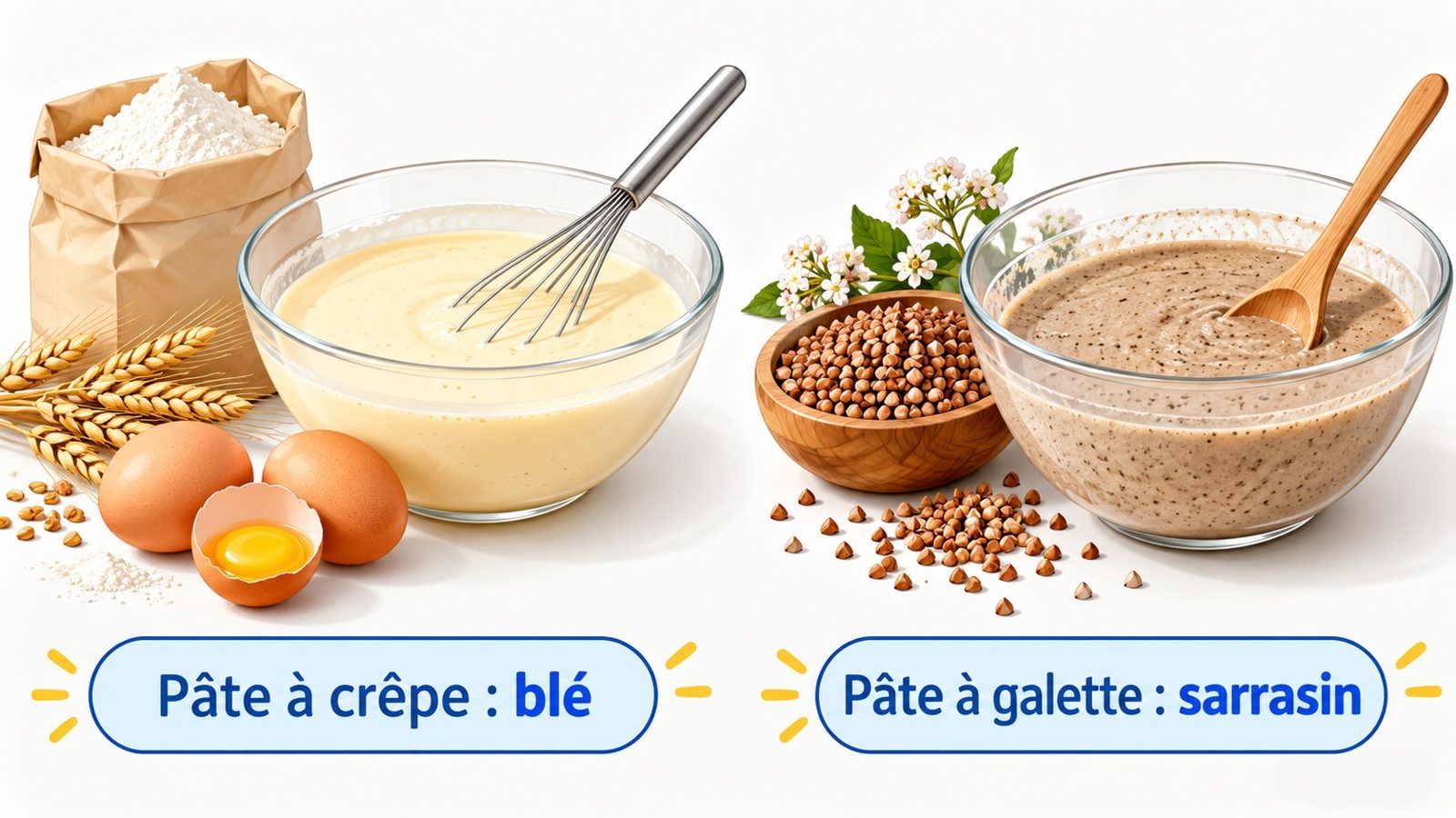 Deux saladiers de pâte, l'un avec une pâte à crêpe claire et l'autre avec une pâte à galette brune au sarrasin, et leurs farines