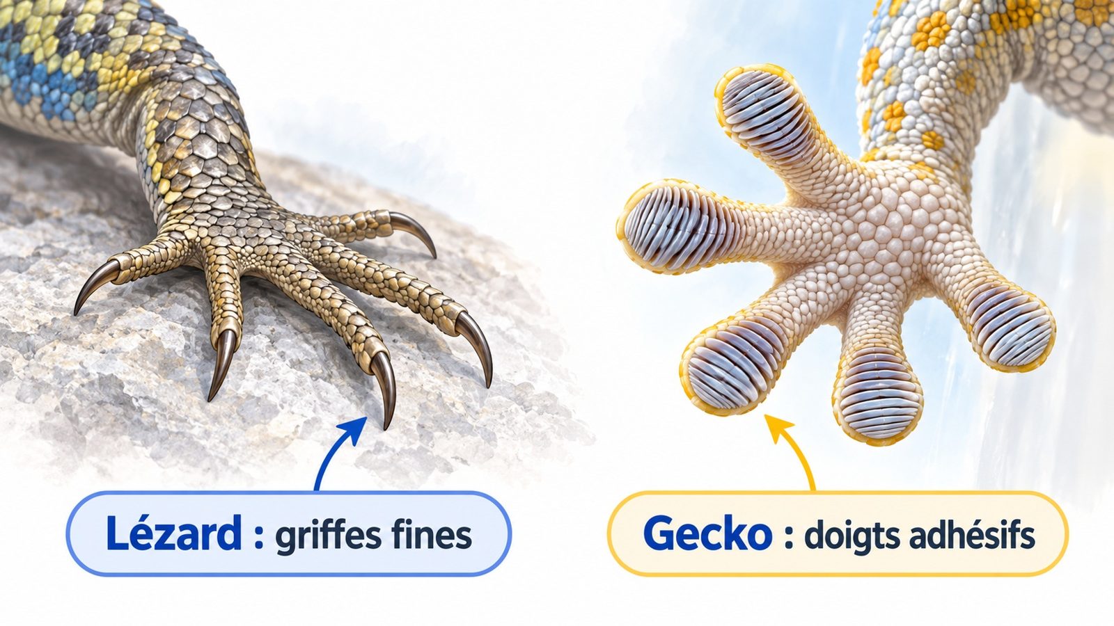 Comparaison en gros plan de la patte d'un lézard aux griffes fines et de la patte d'un gecko aux doigts élargis par des lamelles adhésives