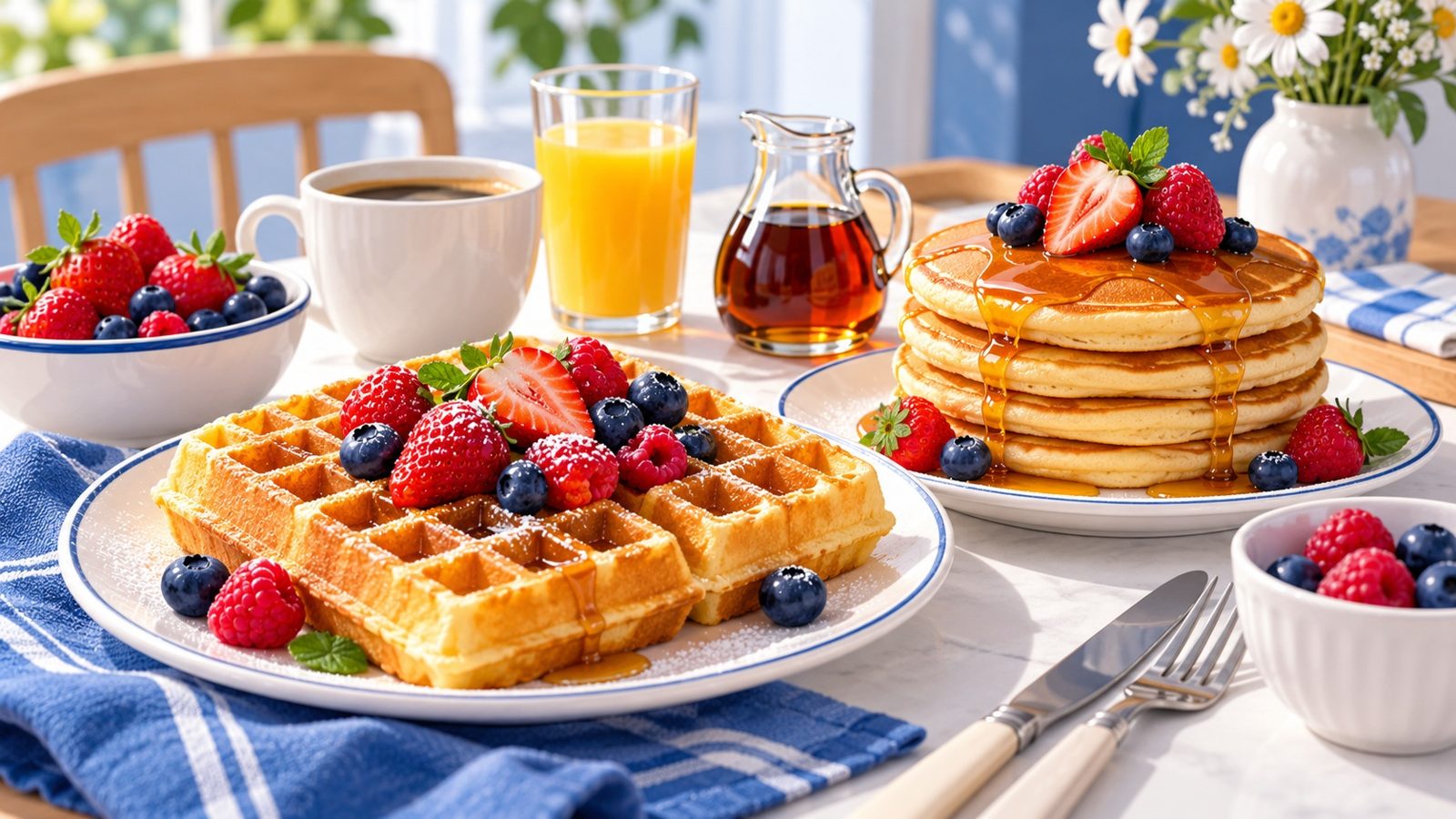 Table de petit-déjeuner avec une gaufre dorée aux alvéoles garnie de fruits rouges à côté d'une pile de pancakes nappés de sirop d'érable