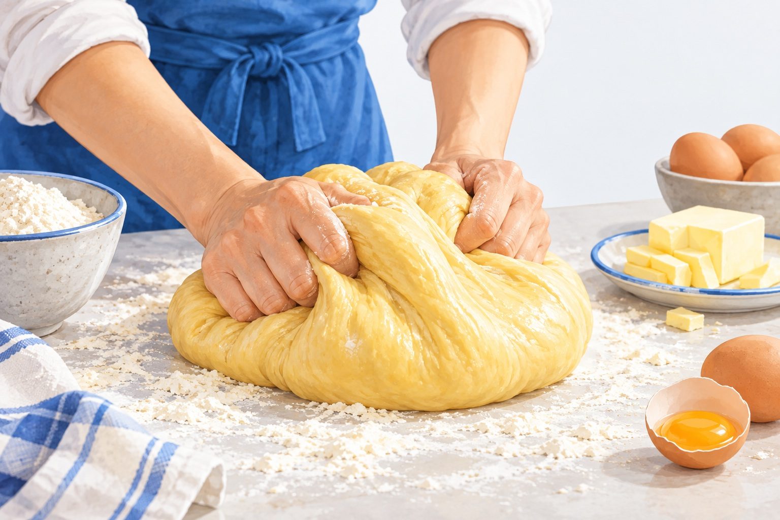 Mains qui pétrissent une pâte à brioche jaune et brillante sur un plan de travail fariné, avec du beurre et des œufs à côté