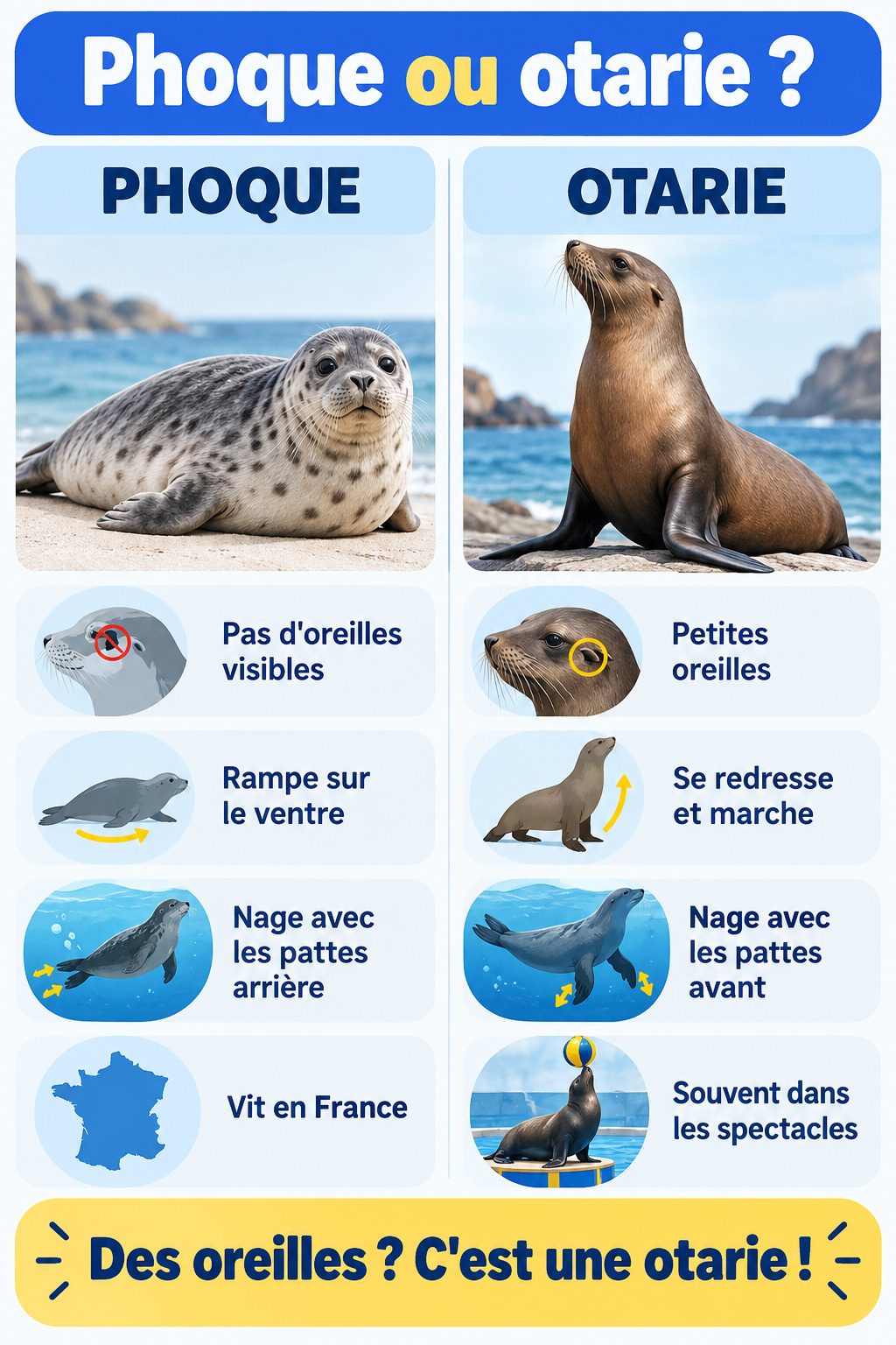 Différence entre phoque et otarie : infographie comparative
