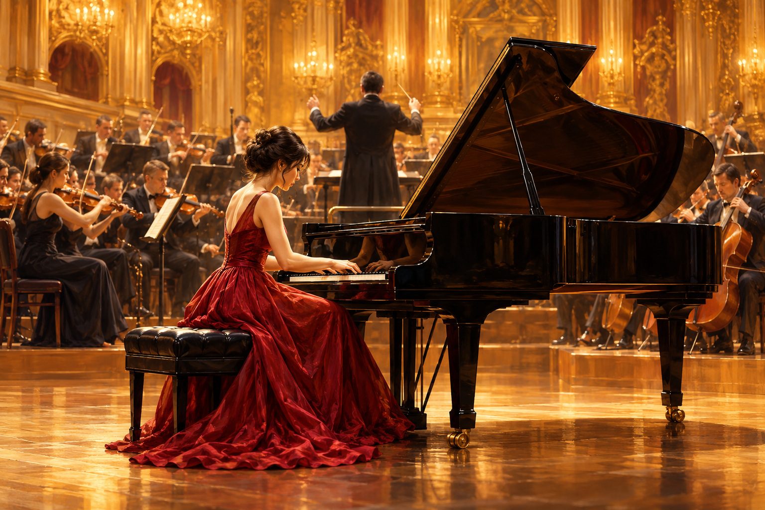Pianiste soliste jouant sur un grand piano à queue devant l'orchestre et le chef, dans une salle de concert