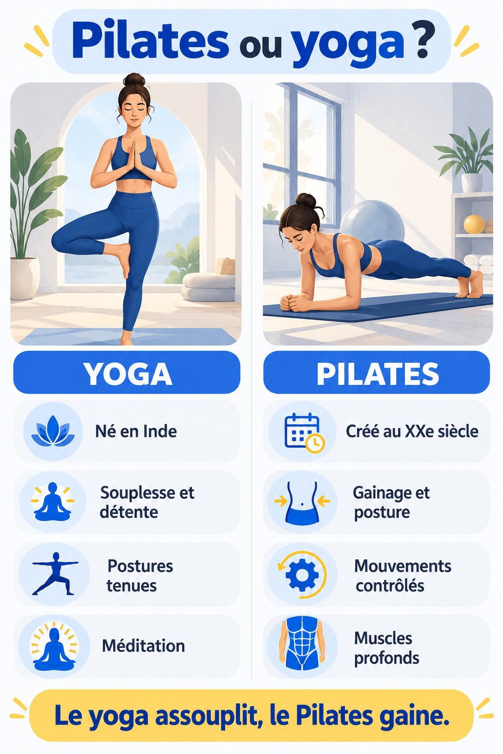 Différence entre Pilates et yoga : infographie comparative