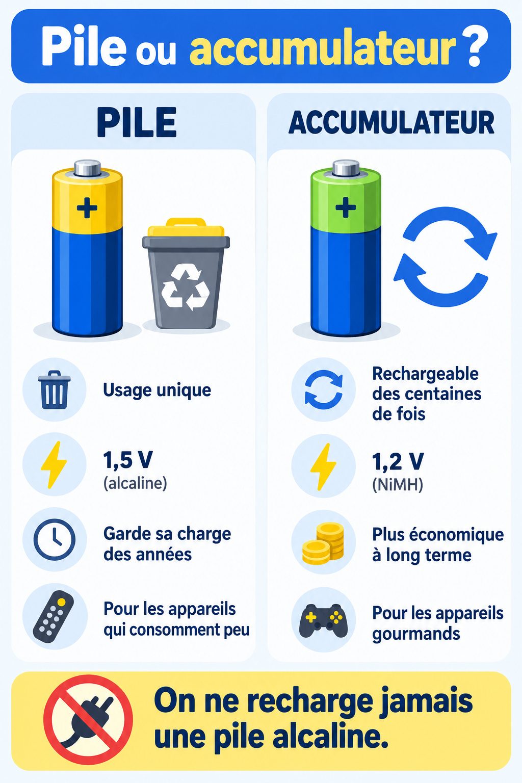 Différence entre pile et accumulateur : infographie comparative